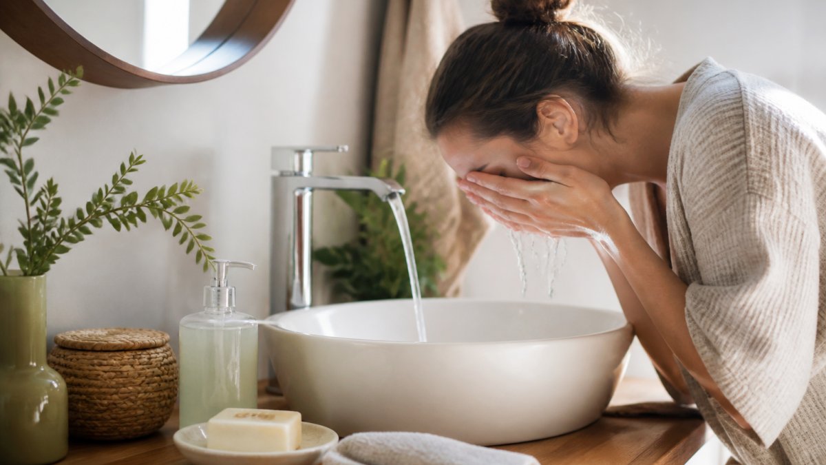 Person gently cleansing face with lukewarm water and soft touch, minimal products on bathroom counter with natural morning light