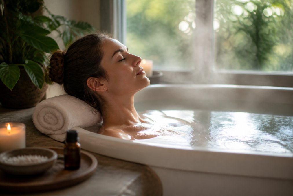 A person relaxing in a warm bath with a few drops of essential oil, steam rising, with a towel rolled behind their head, soft natural light through a bathroom window