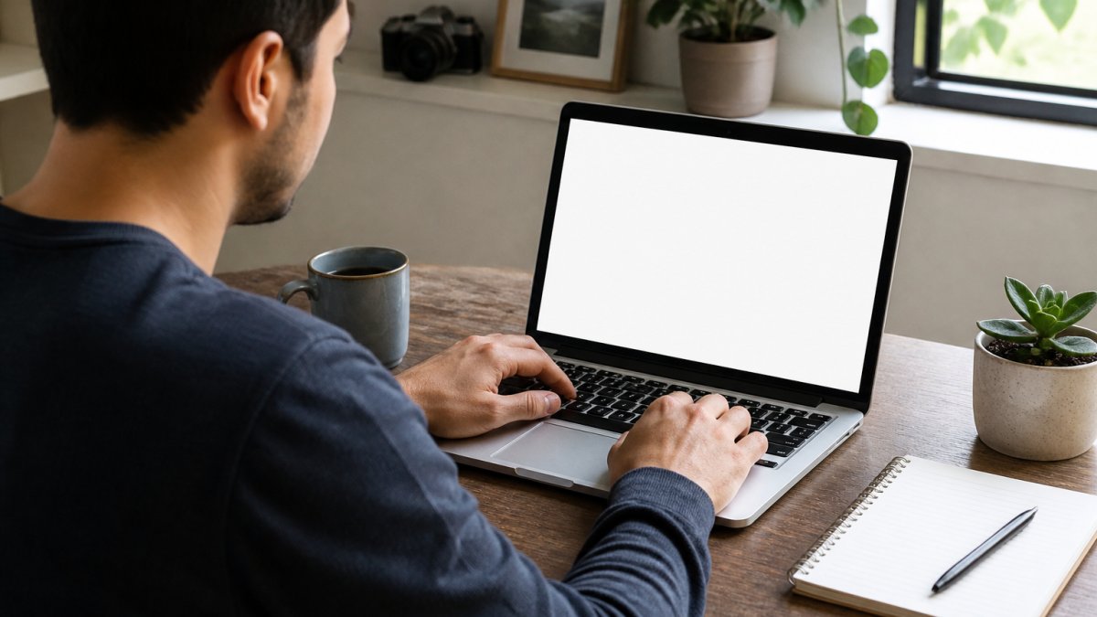 A person at a home desk pasting a list of lines into a browser-based text tool on a laptop, with a coffee mug and notebook nearby