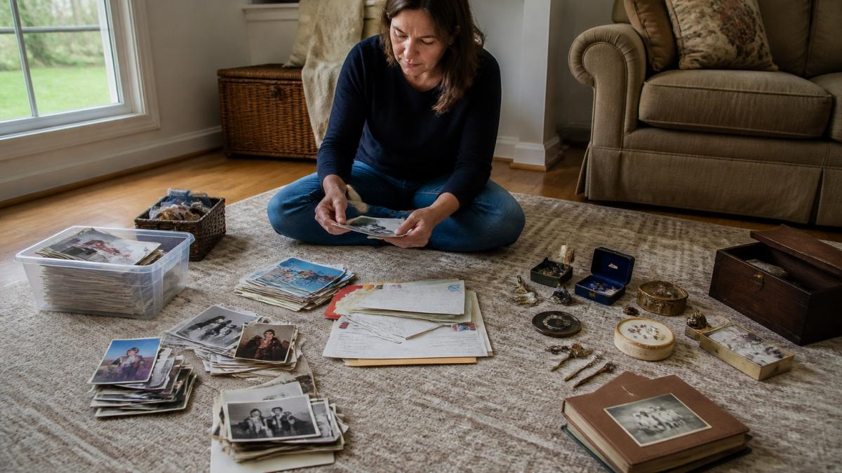 Person sitting on floor surrounded by organized piles of family photographs, letters, and keepsakes sorted into distinct groups, natural daylight from window