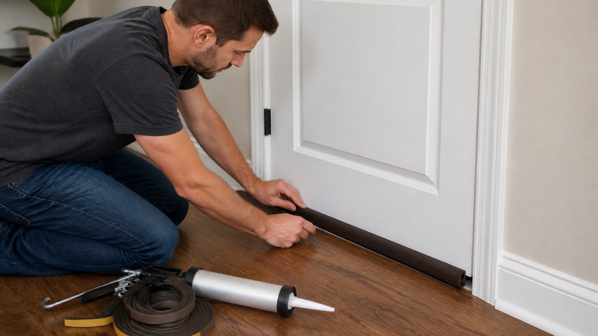 A person in casual clothes kneeling at a closed home office door, pressing a self-adhesive foam door sweep along the bottom edge, with a roll of weather-stripping and a caulk gun resting on the floor nearby in a bright room