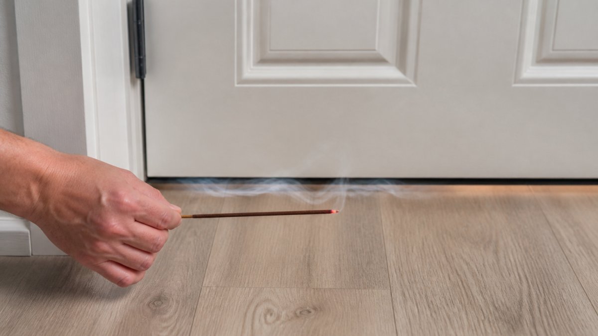 A hand holds a lit incense stick near a door gap to show how to soundproof an existing interior door by tracing drafts.