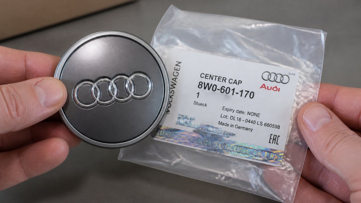 Close-up of hands inspecting an authentic automotive center cap with security features and verified part number.