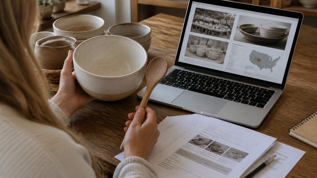 Close-up of hands examining a ceramic mixing bowl and wooden spoon while referencing a laptop showing supplier sourcing information and product documentation