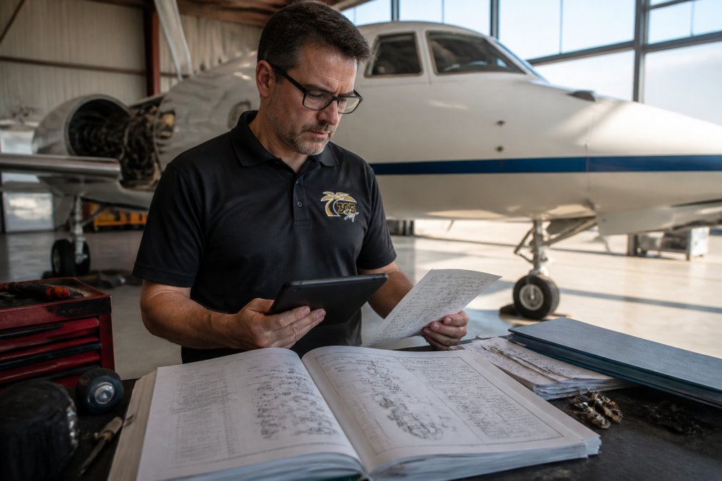 Maintenance technician carefully reviewing an Illustrated Parts Catalog (IPC) and handwritten part number documentation on a tablet while standing in front of a legacy aircraft in a sunlit hangar