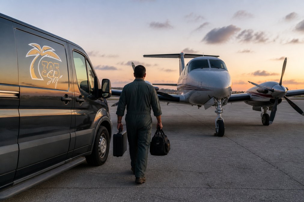 Mobile aircraft maintenance van with company branding parked alongside a grounded legacy twin-engine aircraft during early morning emergency AOG service, with a technician in flight suit walking toward the aircraft