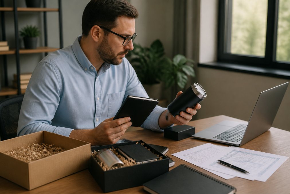 Business professional carefully examining personalized gift samples on desk, reviewing order specifications and quality details with laptop showing order tracking information