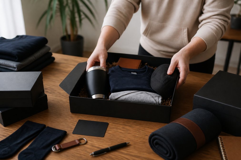 Hands carefully arranging and organizing multiple customized branded items including tumbler, apparel, and accessories into a cohesive gift pack, showing variety and thoughtful curation