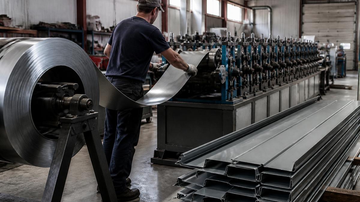 A sheet metal craftsman in work gloves guiding a zinc coil through a roll-forming machine in a fabrication shop, with formed panels stacked nearby and natural light from high windows