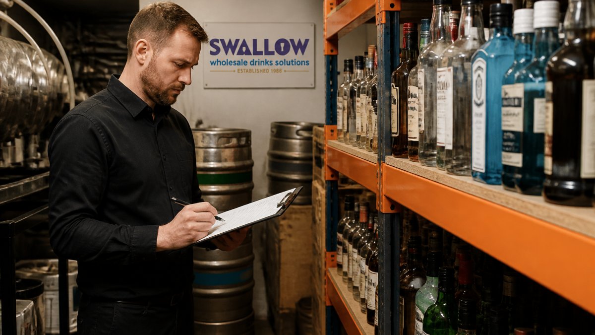 A bar manager in a busy pub cellar checking stock levels on a clipboard beside shelves of spirit bottles and kegs, warm practical lighting