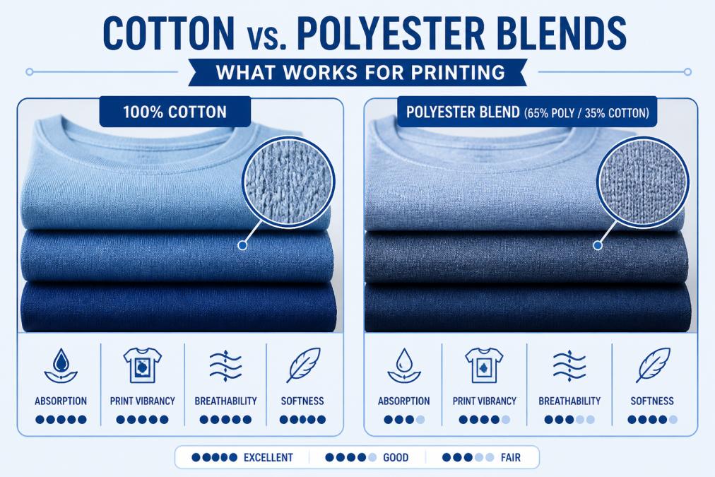 Close-up of folded t-shirts in different fabric textures and colors, showing pure cotton and polyester blend samples stacked side by side with clear weave differences visible
