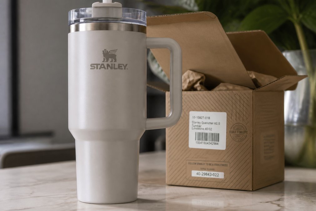 Close-up of authentic Stanley Quencher tumbler showing precise laser-etched branding, smooth 90% recycled stainless steel finish, and original packaging with serial number visible under natural lighting