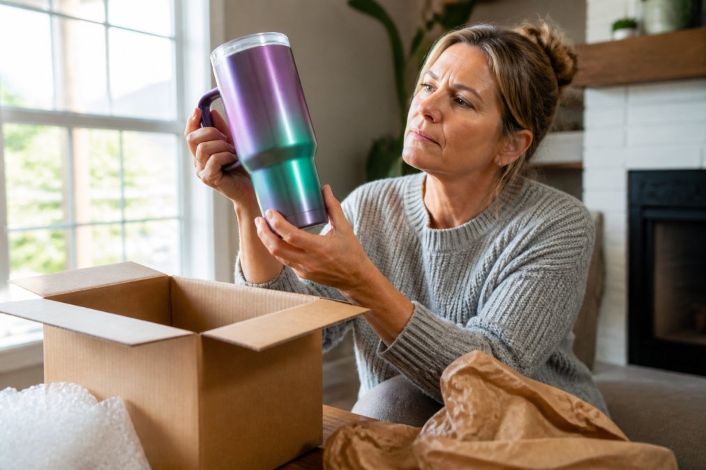 Collector carefully examining a limited edition Stanley tumbler, holding it up to inspect the colorway details, finish quality, and design elements under bright natural window lighting