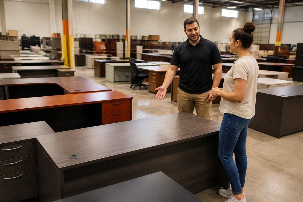 Salesperson assisting a customer in a showroom filled with rows of matching office desks in various finishes