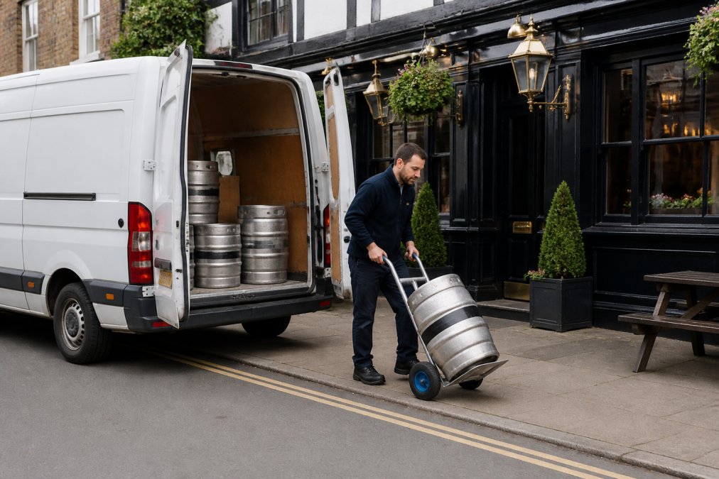 A white delivery van parked outside a traditional British pub, with a staff member unloading a keg of craft beer onto a hand truck on the pavement
