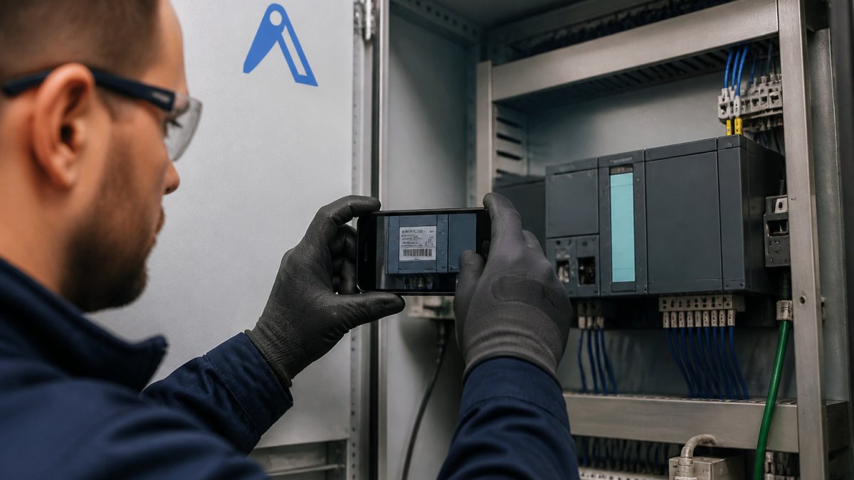 Technician photographing a PLC nameplate to identify obsolete industrial parts inside a control cabinet