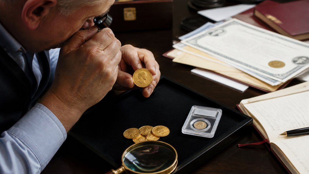 Professional examining a historical gold coin under magnification with documentation and authentication certificates visible on a desk