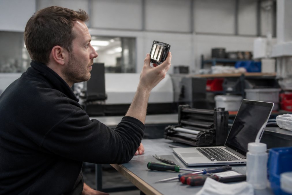 A maintenance engineer in a print production facility inspecting a replacement printhead at a workbench, holding the component up to the light with a laptop showing part specifications open beside him