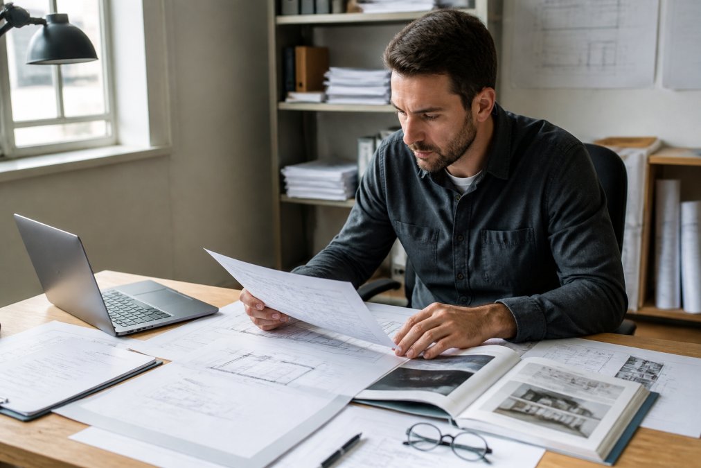 Professional contractor reviewing roof hatch specifications and submittal documents at a desk with blueprints, product literature, and laptop visible in natural office lighting