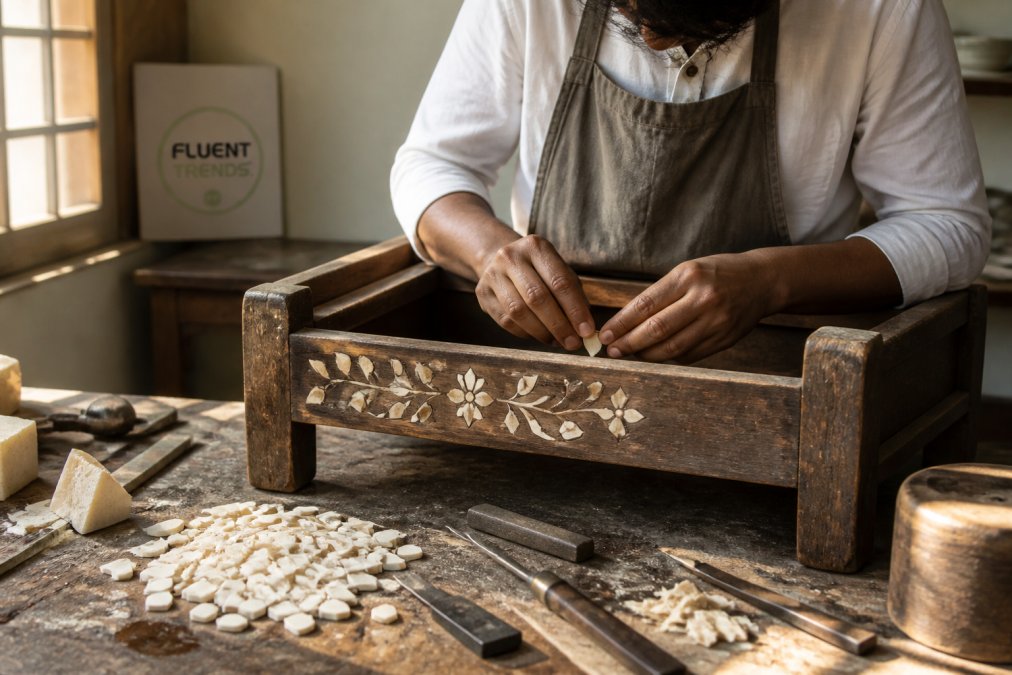 Process infographic showing artisan hands inlaying bone fragments to create sustainable home accents on a workbench