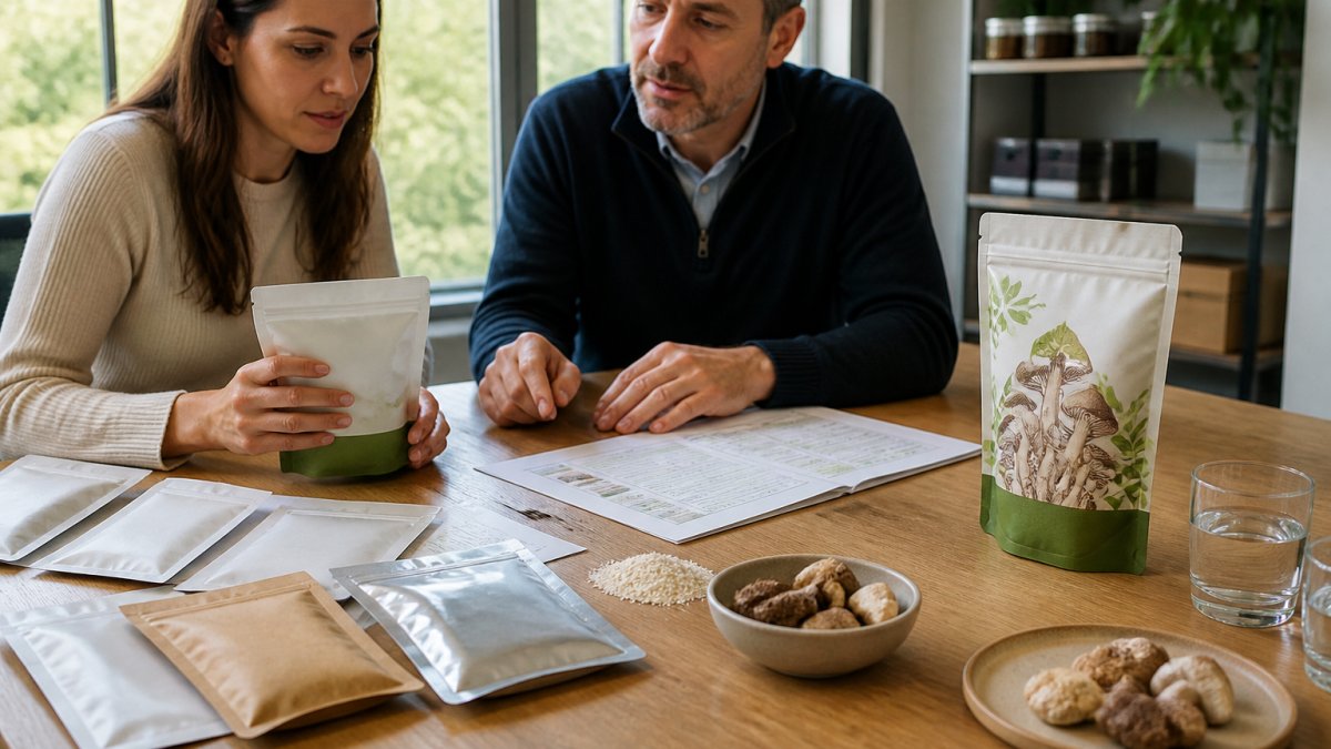 A packaging buyer and supplier representative reviewing pouch samples and a printed spec sheet on a table in a bright office, a stand-up pouch standing upright beside the checklist