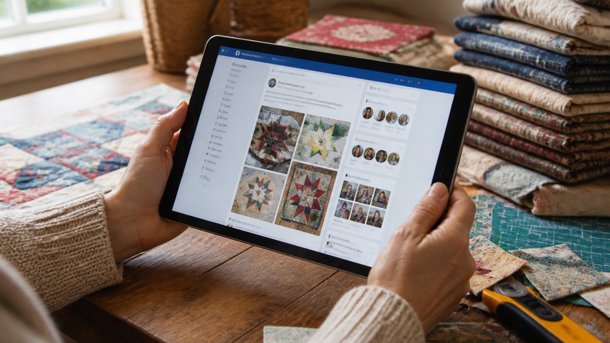 Hands browsing a crafting group on a tablet surrounded by fabric scraps and sewing supplies on a wooden table