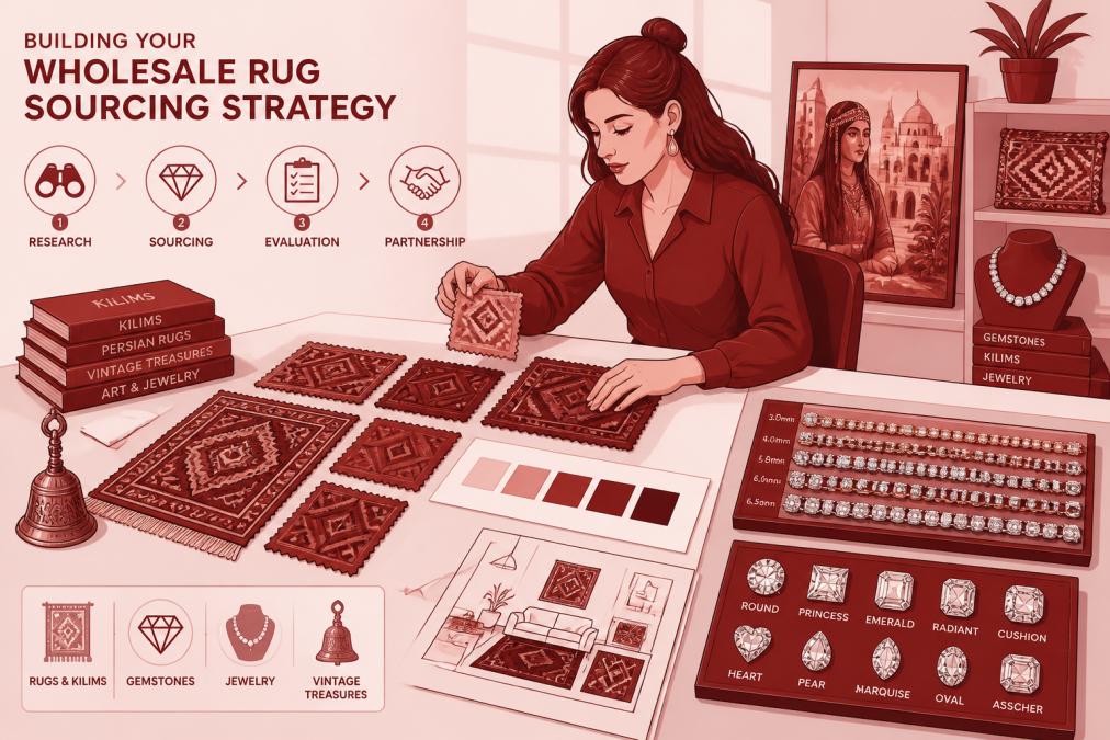 Interior designer reviewing and organizing fabric swatches, rug samples, and color palette sketches on a work table with natural light, creating a mood board for client projects