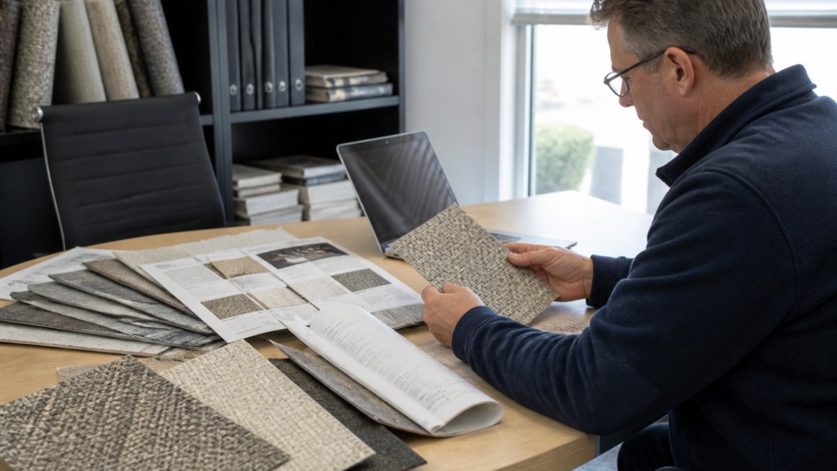 Procurement manager reviewing woven vinyl flooring samples and specification sheets at desk with laptop and product documentation in modern office setting