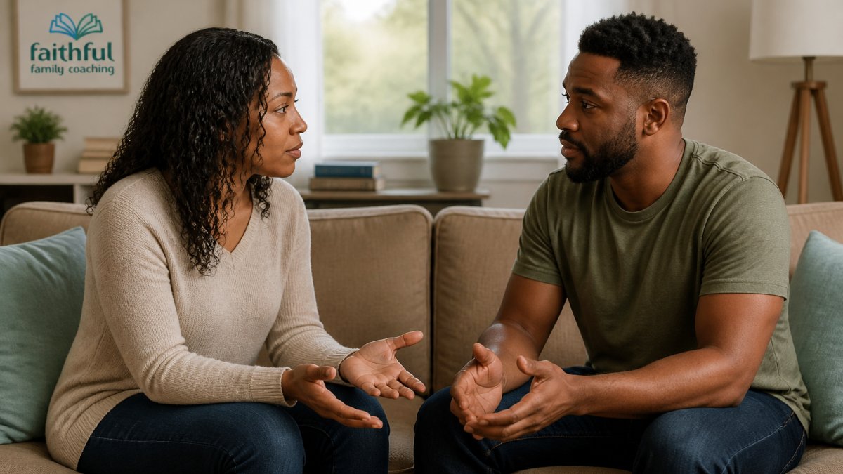 A couple sitting on a couch having a respectful conversation to speak truth in love during a difficult talk.