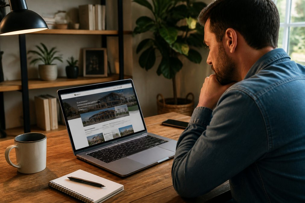 A small business owner sitting at a desk, focused on a laptop screen showing a website performance dashboard with colorful speed metrics, warm office lighting, coffee mug nearby