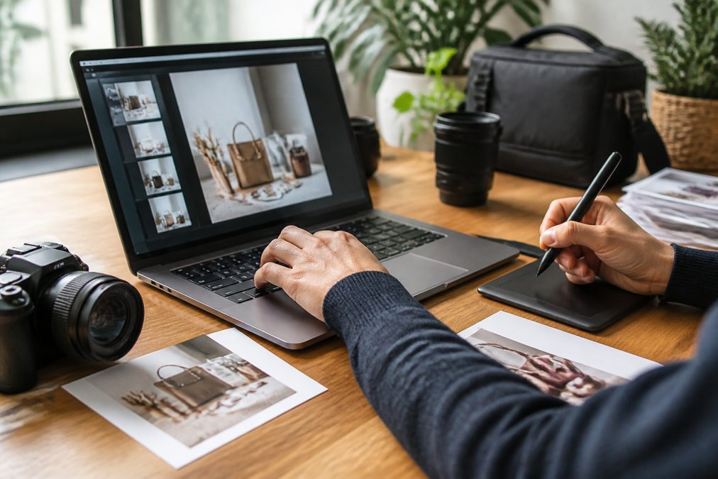 Close-up of hands editing product photos on a laptop with a camera and printed photo samples nearby on a clean wooden work desk, natural window light