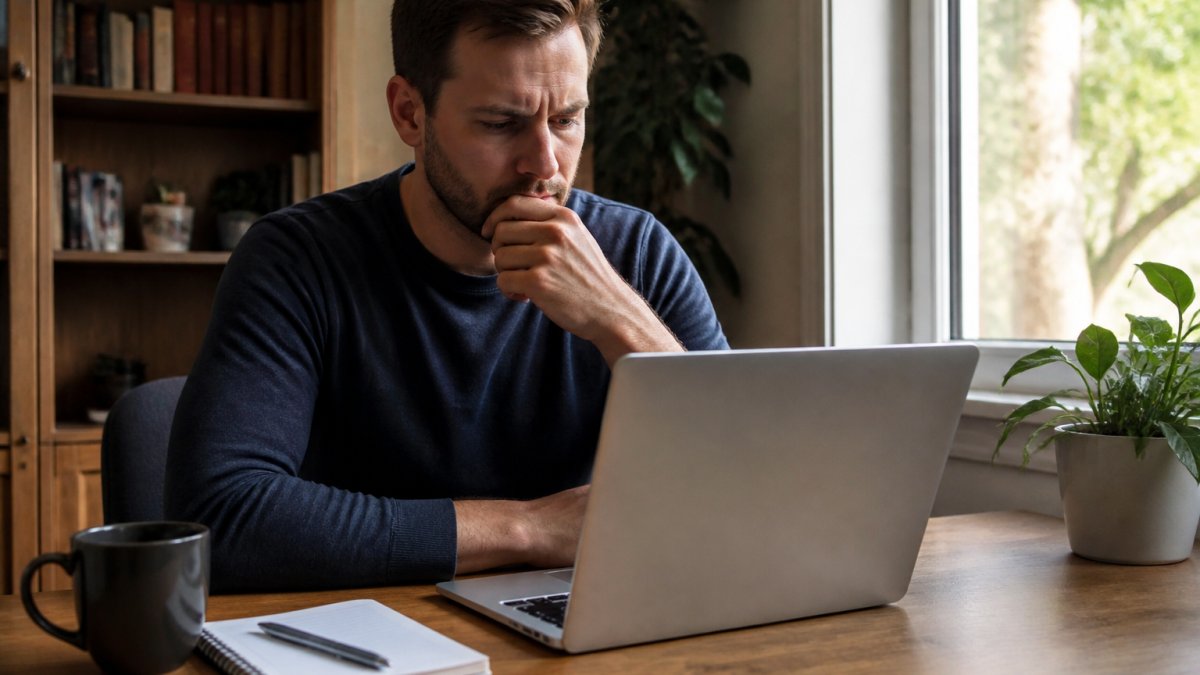 A person sitting at a home desk looking at a laptop screen with a concerned expression, a notebook and coffee mug nearby, warm natural light from a window