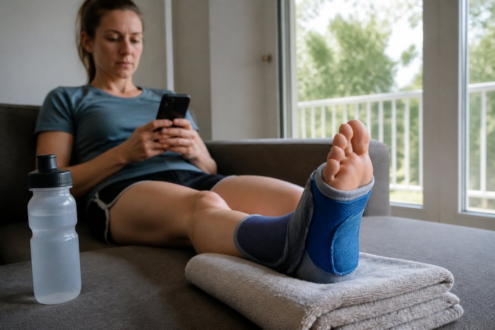 A runner sitting on a couch with a cold compression sleeve wrapped around their elevated ankle, a towel underneath, and a water bottle nearby, looking calm and focused on recovery