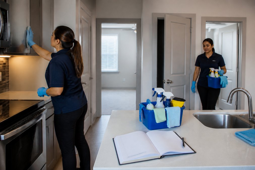 Cleaning crew using a checklist to manage an efficient apartment unit turnover in an empty kitchen.