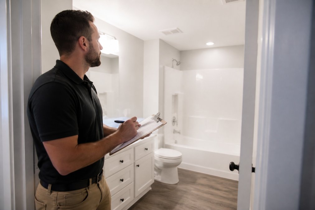 A maintenance technician in a branded polo shirt holding a clipboard and inspecting a freshly painted, empty apartment bathroom with new fixtures, under bright overhead lighting