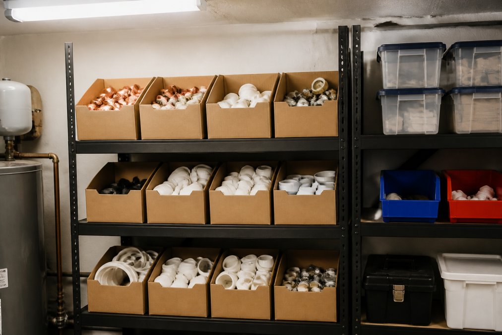 An organized utility room shelf stocked with labeled, pre-kitted maintenance boxes containing plumbing parts and bathroom repair components, neatly arranged under fluorescent lighting