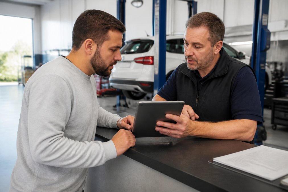 Car owner speaking with service advisor at workshop counter, both reviewing vehicle damage notes and repair details on a tablet, natural workshop lighting, professional setting