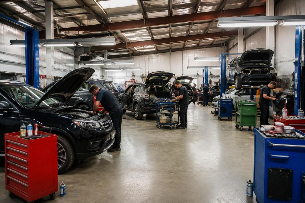 Busy automotive service centre workshop floor with technicians working on multiple vehicles, diagnostic equipment visible, organized tool stations and parts inventory, professional lighting