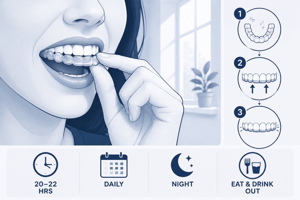 Close-up of a person inserting a clear aligner tray into their mouth, showing proper placement technique with natural daylight from a window, demonstrating the daily routine of aligner insertion