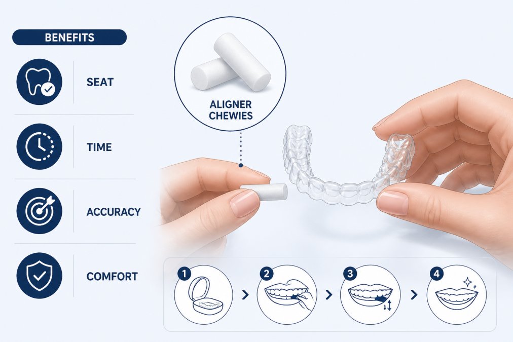 Hands holding clear aligner chewies and a transparent aligner tray on a clean white surface, showing the small cylindrical tools used to seat aligners properly during treatment