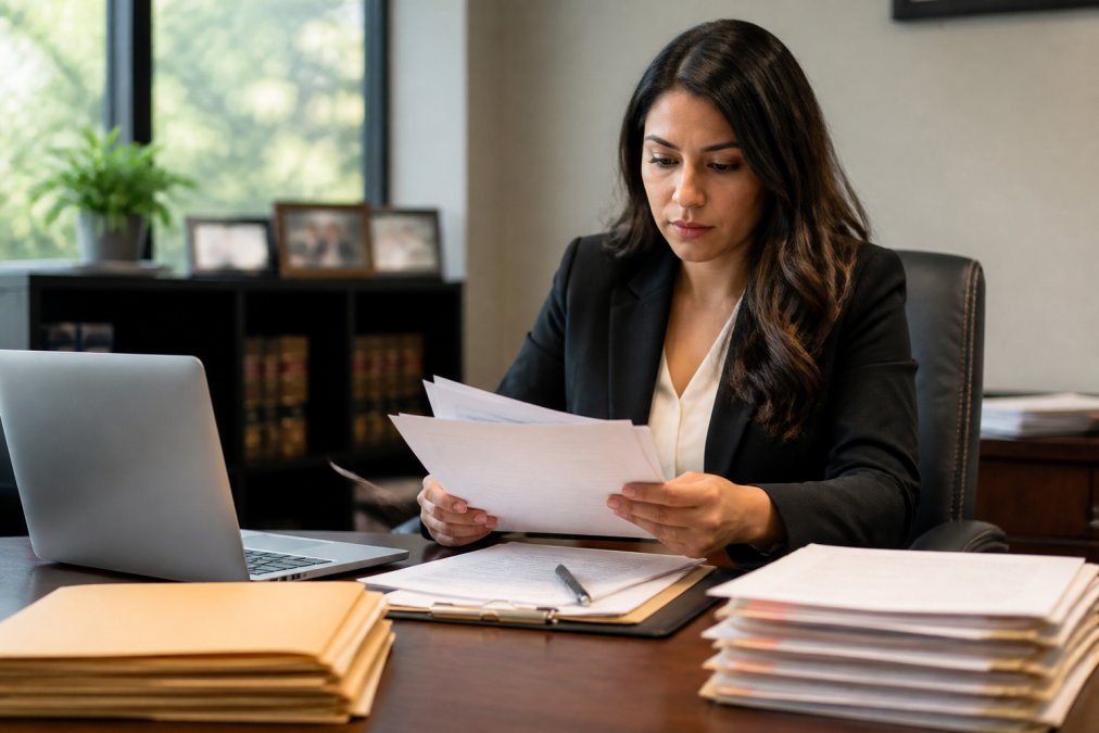 Professional immigration attorney reviewing green card application documents and supporting evidence at desk with laptop, file folders, and organized paperwork in modern office setting with natural lighting