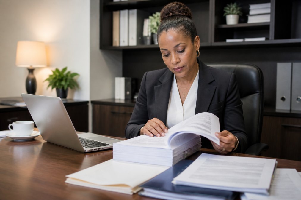 Healthcare administrator reviewing a policy manual for home health licensing at a desk