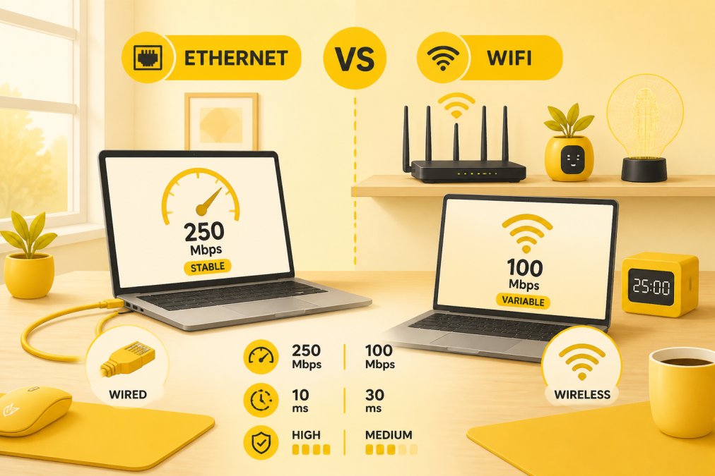 Professional home office desk with Ethernet cable connected to laptop and WiFi router positioned in background on elevated shelf, showing both wired and wireless connectivity options with natural window lighting