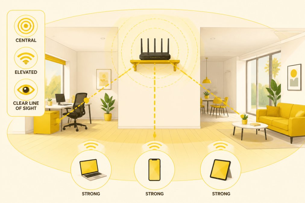 Modern home office with WiFi router elevated on wall-mounted shelf positioned centrally, showing clear line of sight through open floor plan with minimal obstacles, bright natural daylight from windows