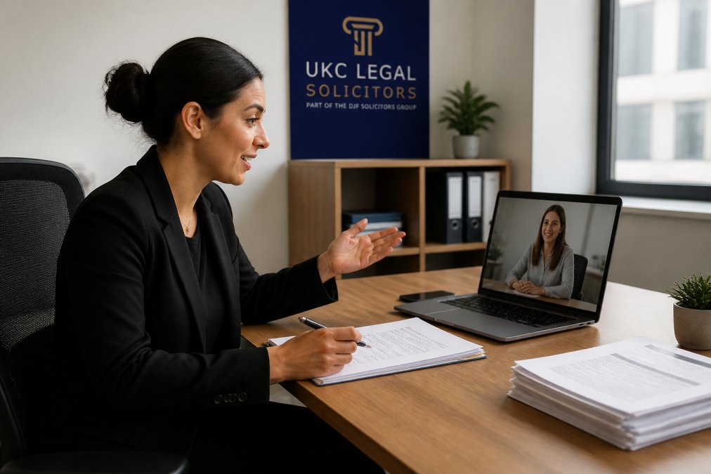 Professional solicitor or case handler sitting at desk with documents and laptop, engaged in video call with client, showing attentive communication and organized workspace