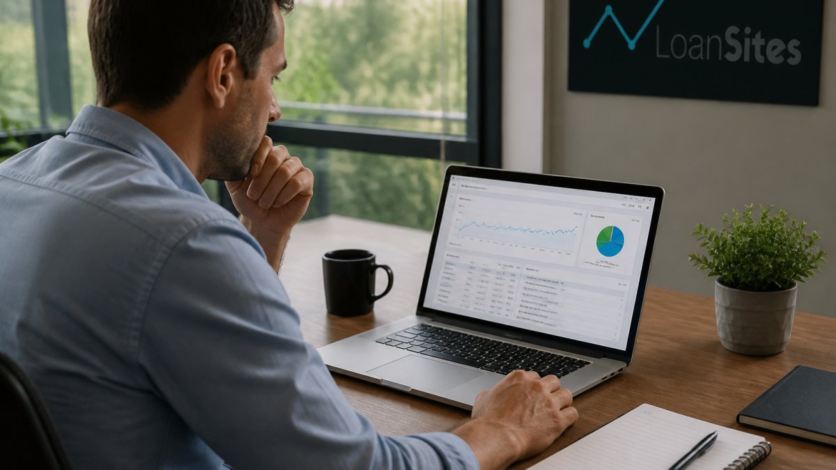Loan officer reviewing website analytics dashboard on laptop screen, with performance metrics and loading time data visible on monitor