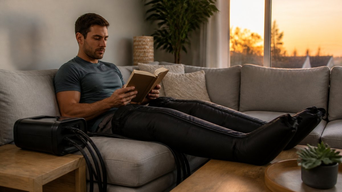 Person relaxing on a couch reading a book while wearing full-leg compression boots in warm evening light