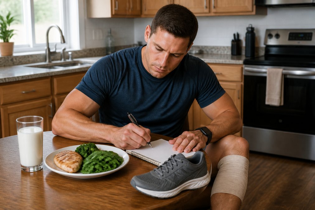 A male athlete sitting at a kitchen table with a plate of lean protein and leafy greens, a glass of milk, and a small notebook showing daily nutrient targets, with a running shoe and shin wrap visible nearby