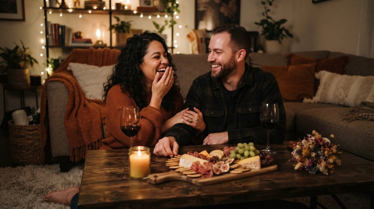 A couple laughing together at a cozy candlelit table at home, surrounded by fairy lights, wine glasses, and a charcuterie board arranged on a dark wooden table, warm amber lighting creating a romantic and playful atmosphere