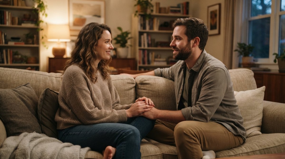 A couple sitting on a cozy couch holding hands while talking to spice up intimacy in their relationship.
